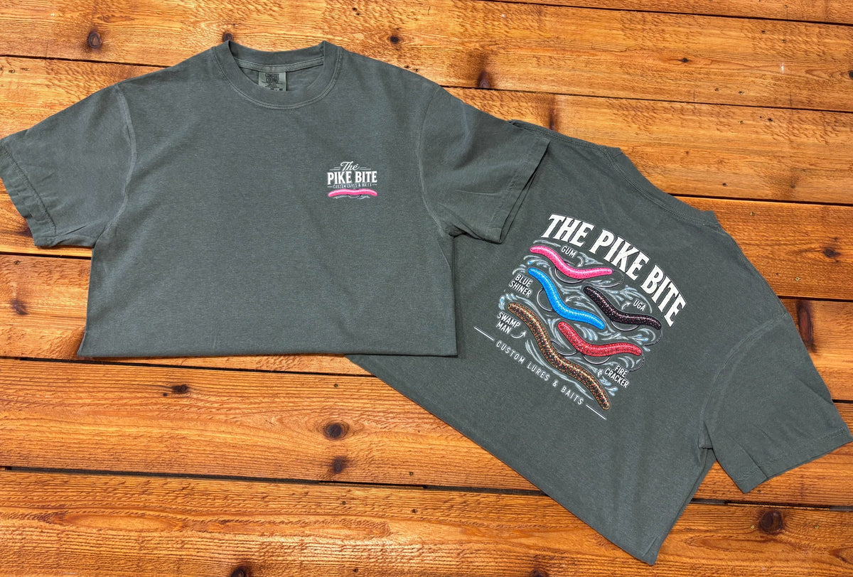 Dark gray business logo T-shirts showing a small chest logo and colorful fishing lure back design.