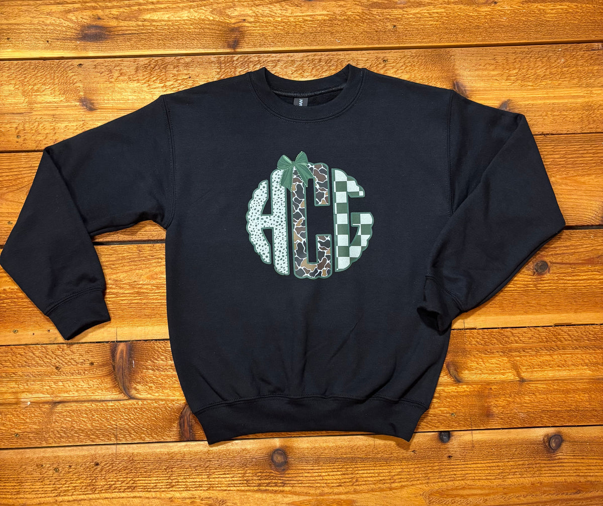 blackcrewnecksweatshirtwithcustomcamo_leopardandcheckeredmonogramHCGwithgreencoquettebow