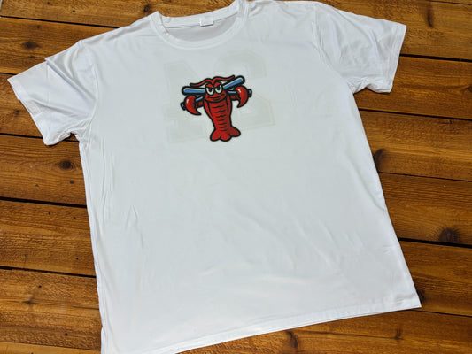 Front of white performance tee with red lobster mascot holding crossed baseball bats
