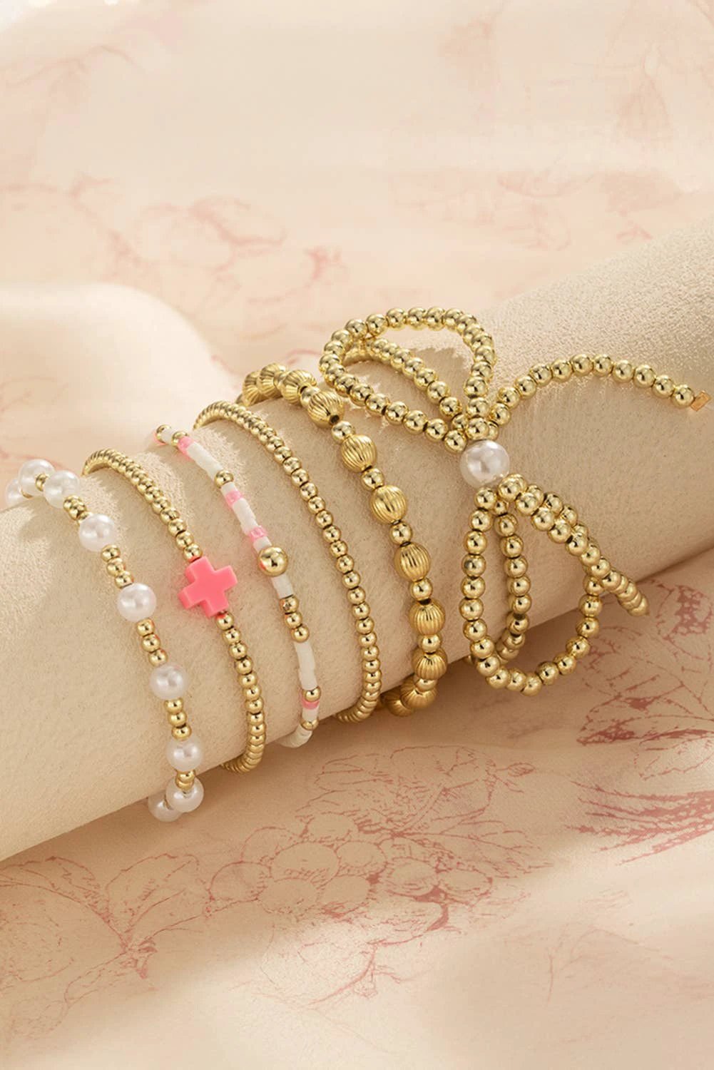 LDC Bow Knot Pearl Decor Beaded Plated Layered Bracelet: Gold by Little Daisy Closet