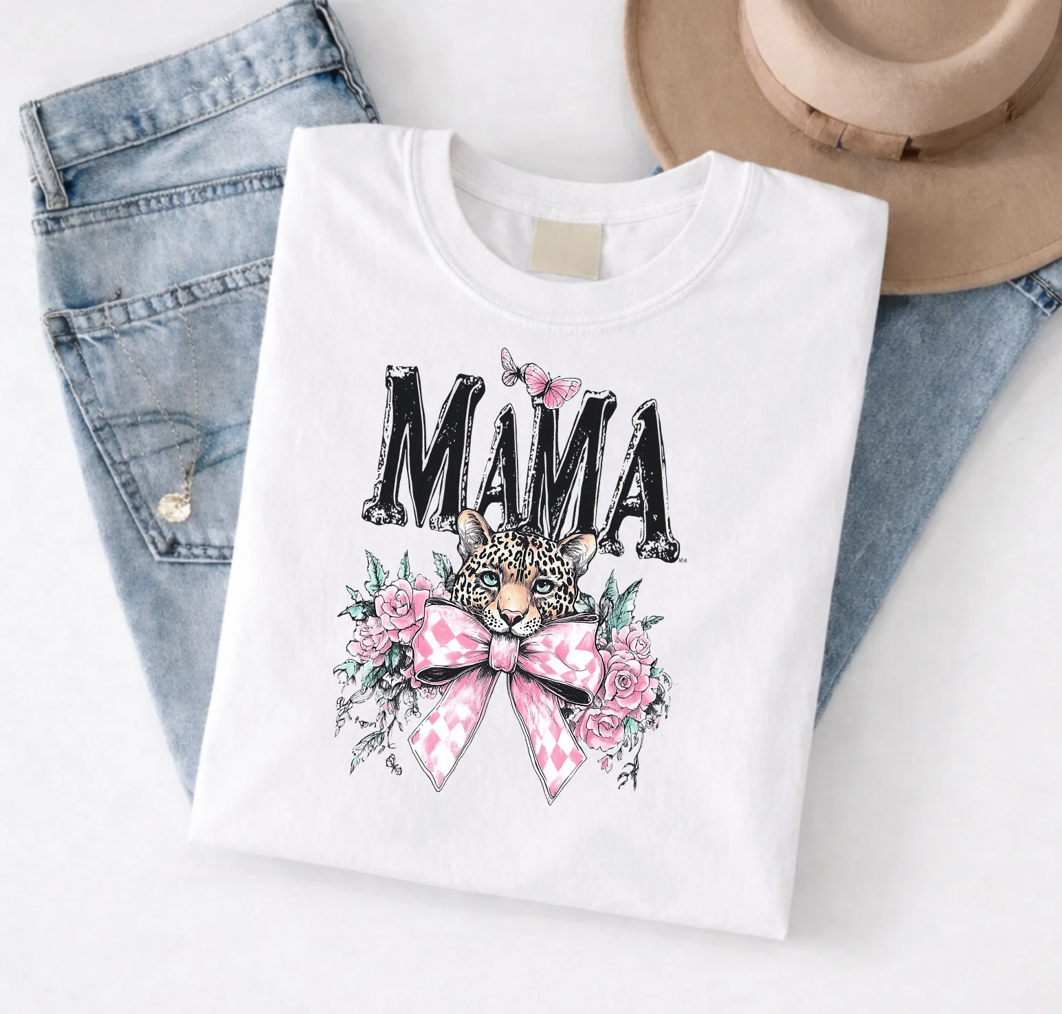 Mama Leopard Tee (Pink Bow + Floral Leopard Graphic) – White Short Sleeve by A&H Creative Co.