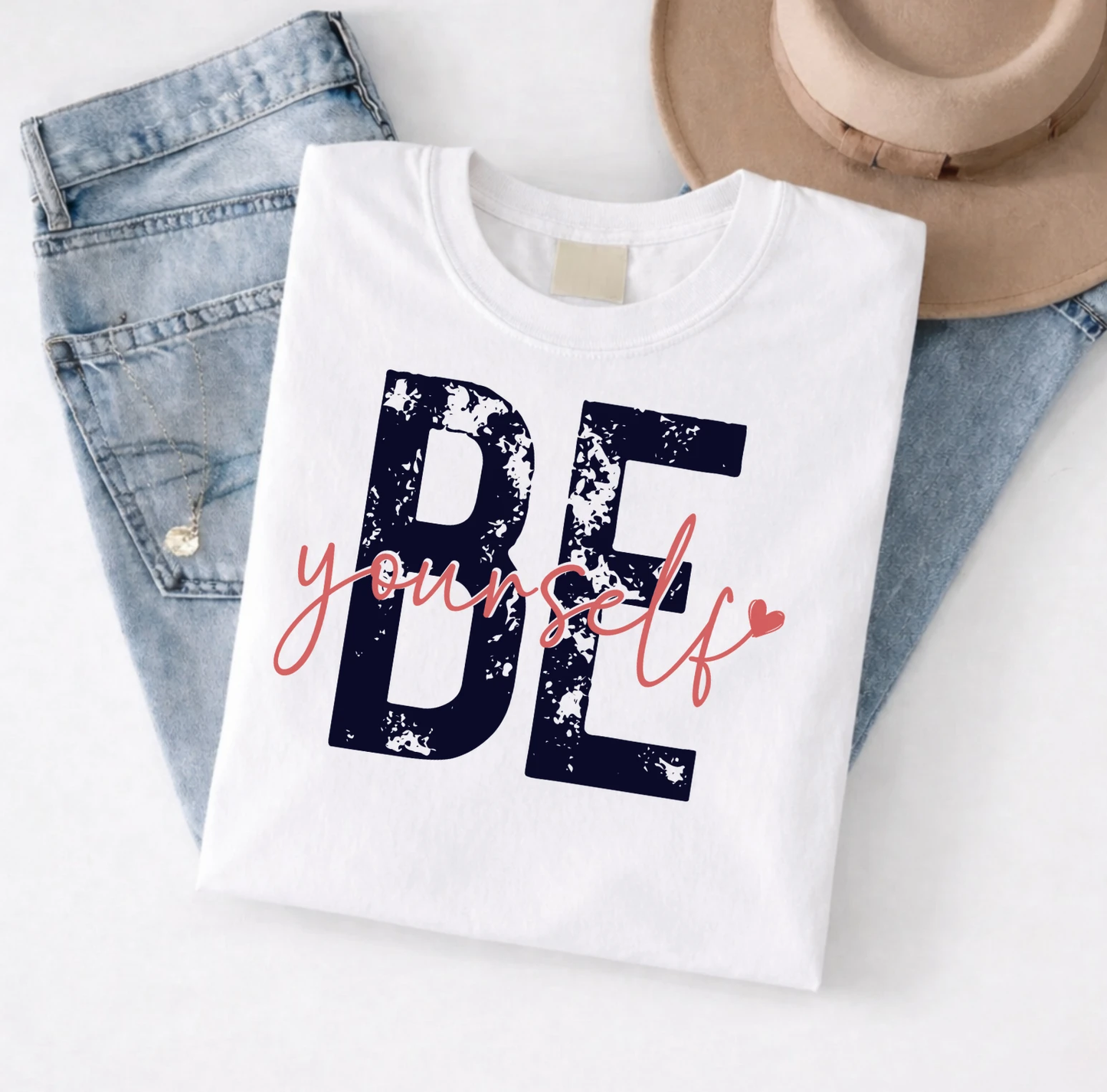 Be Yourself Tee (Bold “BE” + Script Overlay) – White Short Sleeve by A&H Creative Co.