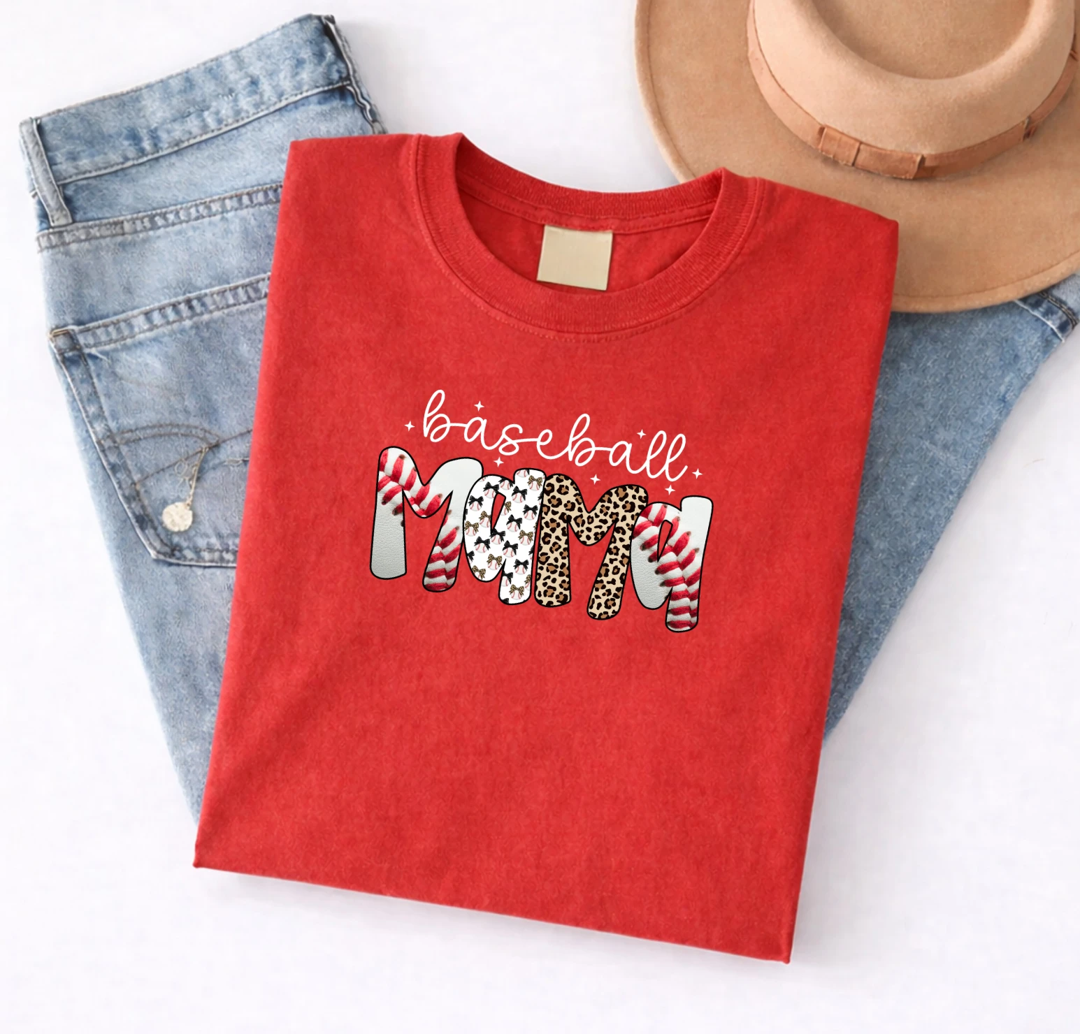 Baseball Mom Tee (Mixed Print Letters + Leopard Accent) – Red Short Sleeve by A&H Creative Co.