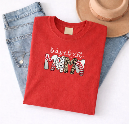Baseball Mom Tee (Mixed Print Letters + Leopard Accent) – Red Short Sleeve by A&H Creative Co.