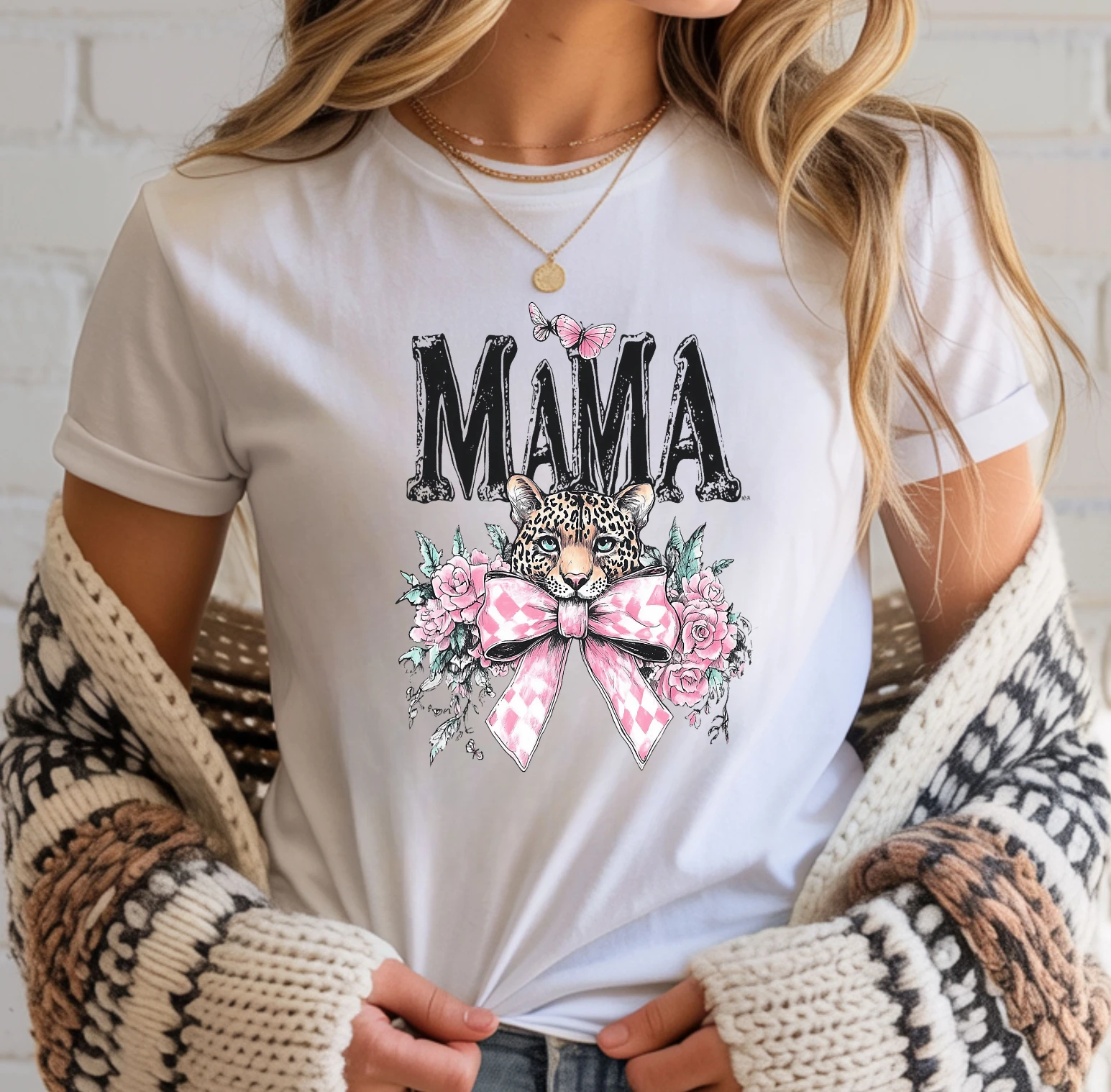 Mama Leopard Tee (Pink Bow + Floral Leopard Graphic) – White Short Sleeve by A&H Creative Co.