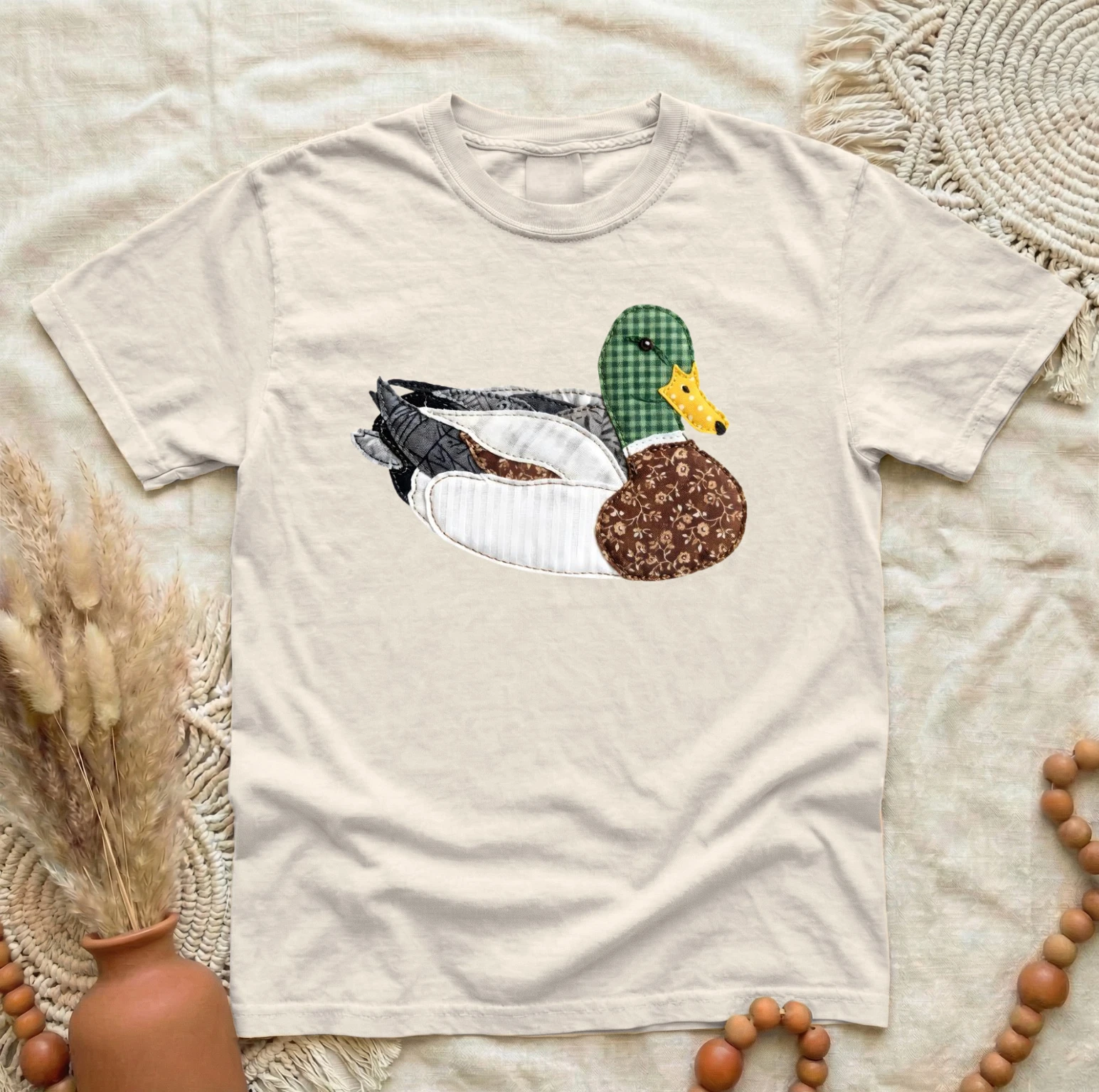 Mallard Duck Tee (Vintage Patchwork Look) – Neutral Short Sleeve by A&H Creative Co.