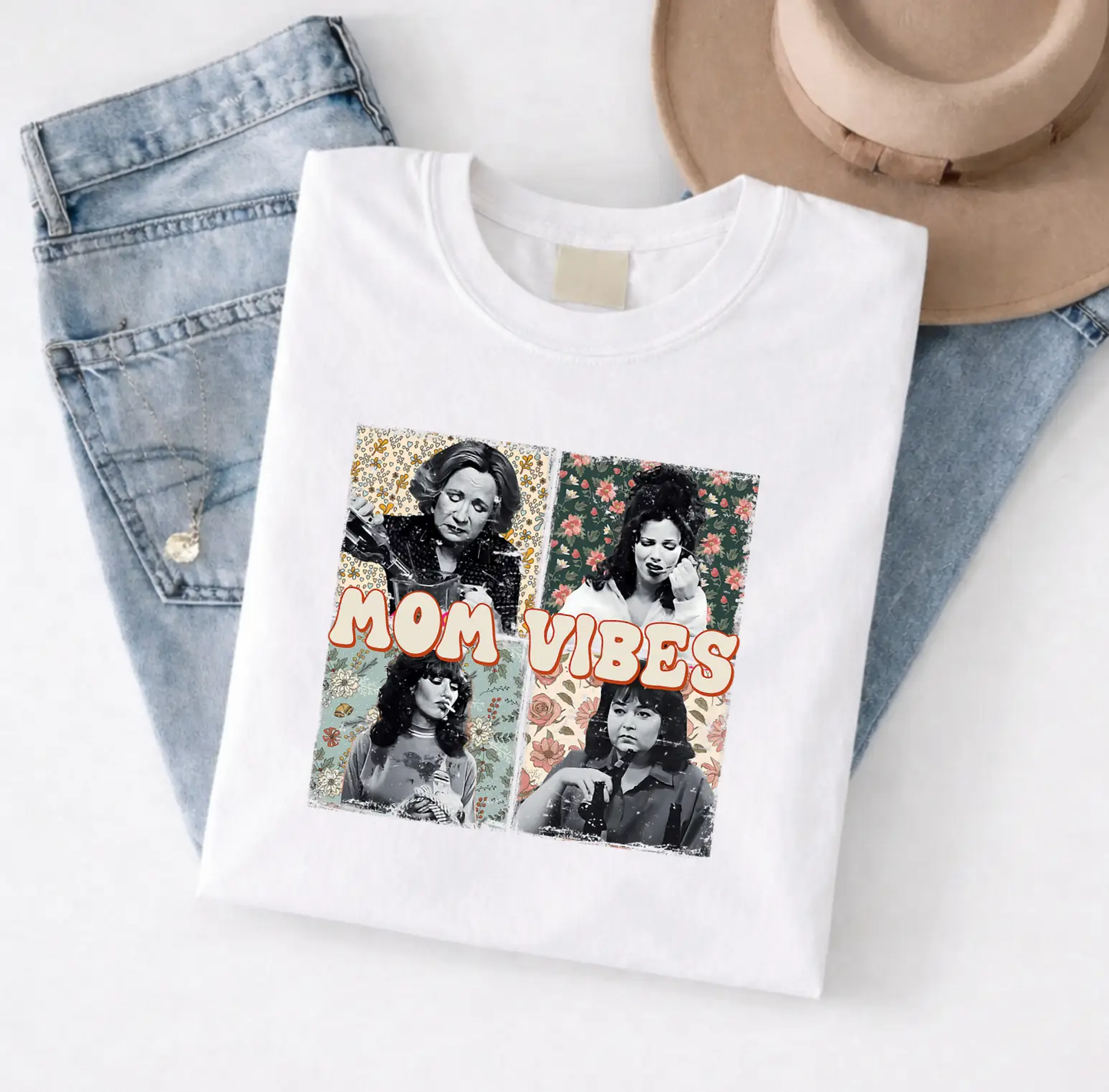 Mom Vibes Tee (Retro Collage Graphic) – White Short Sleeve by A&H Creative Co.