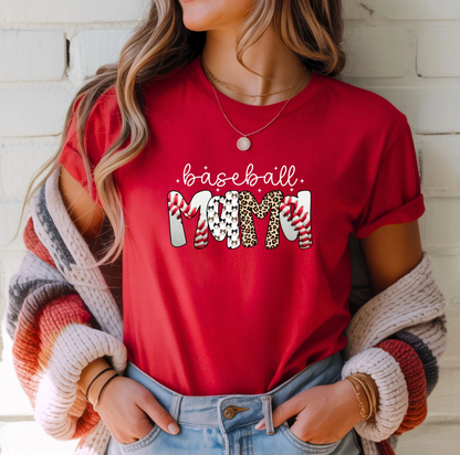 Baseball Mom Tee (Mixed Print Letters + Leopard Accent) – Red Short Sleeve by A&H Creative Co.