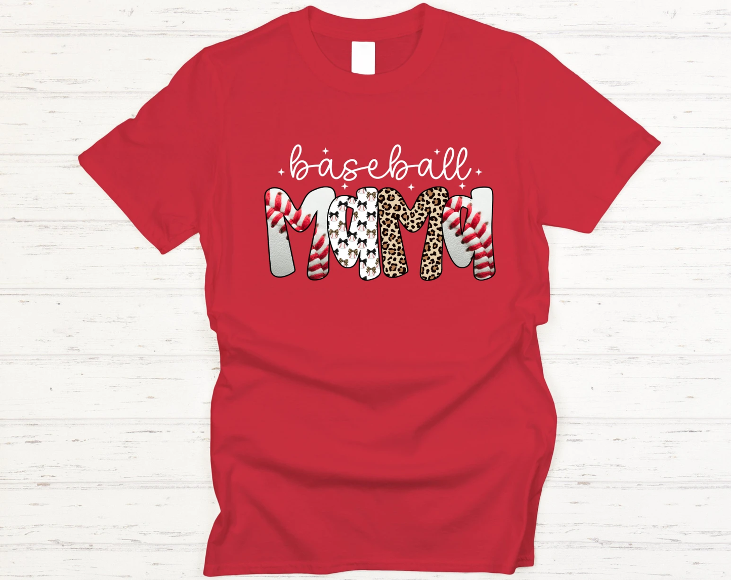 Baseball Mom Tee (Mixed Print Letters + Leopard Accent) – Red Short Sleeve by A&H Creative Co.