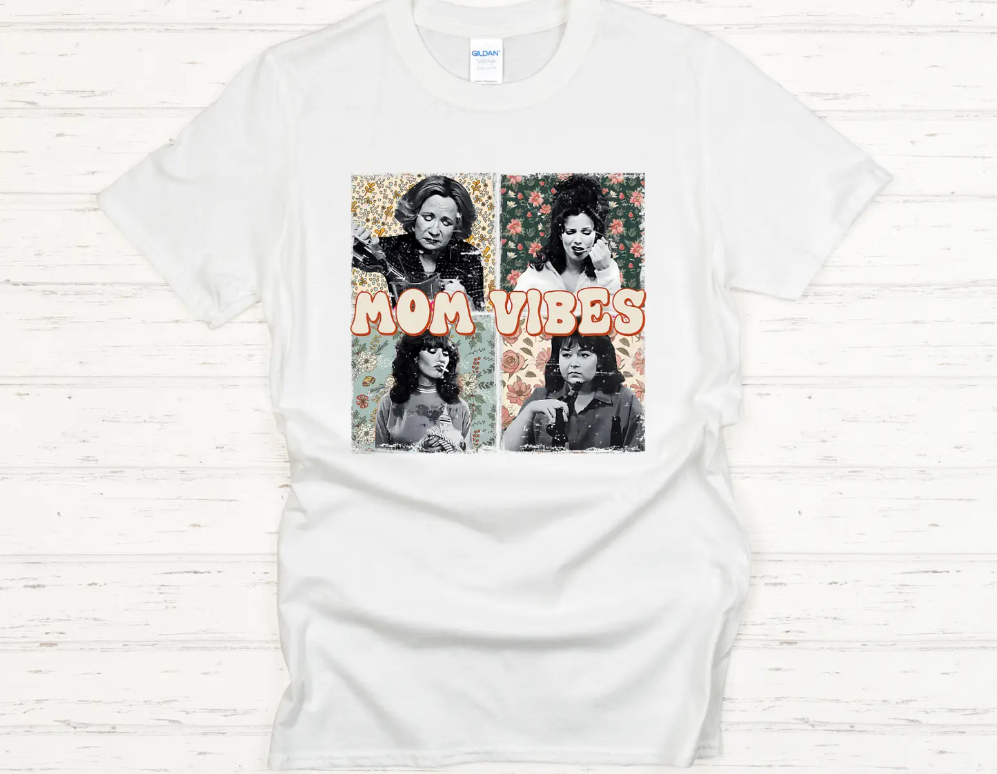 Mom Vibes Tee (Retro Collage Graphic) – White Short Sleeve by A&H Creative Co.
