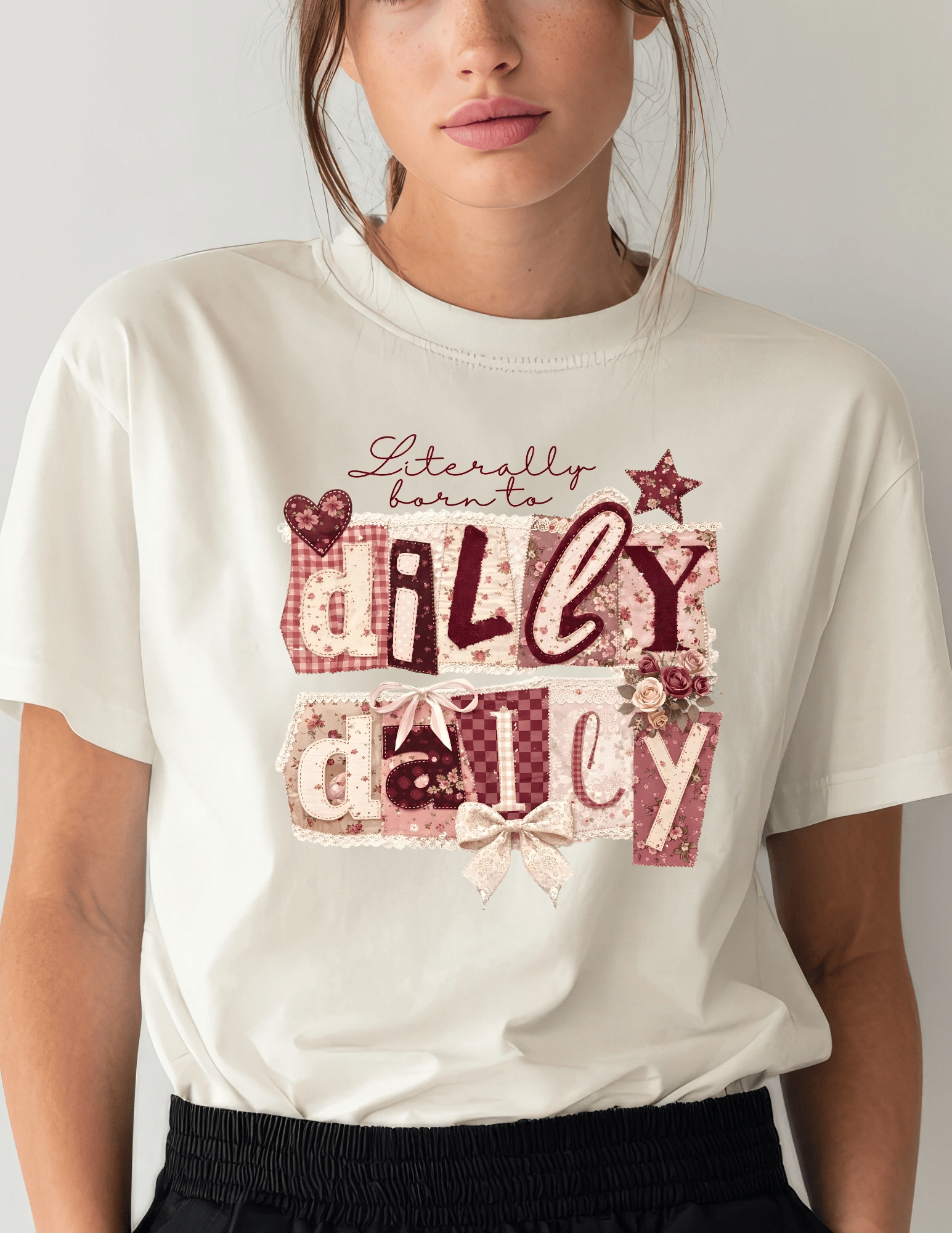 “Literally Born To Dilly Dally" Coquette Graphic Tee - A&H Creative Co.