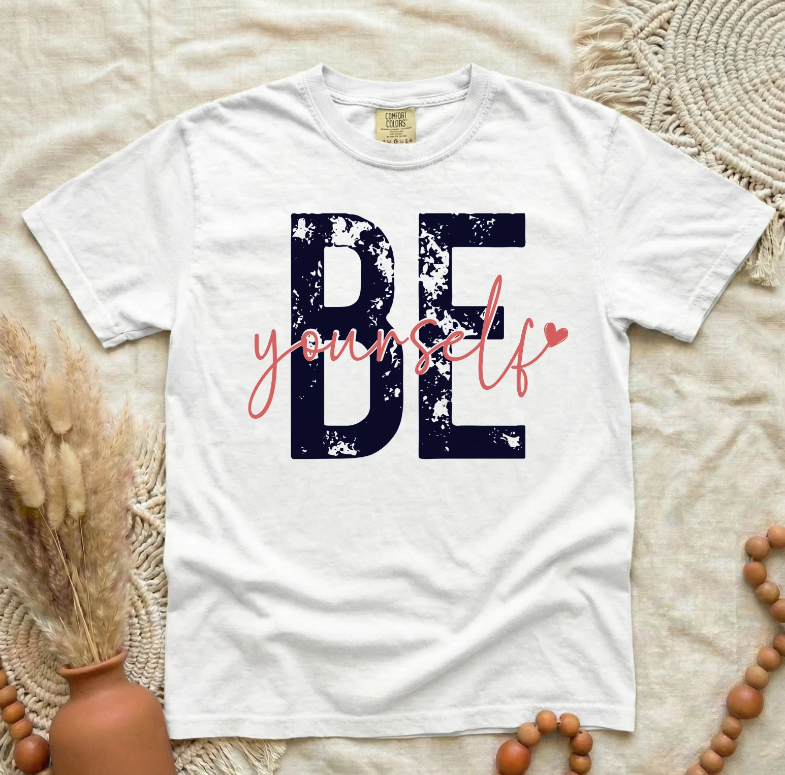 Be Yourself Tee (Bold “BE” + Script Overlay) – White Short Sleeve by A&H Creative Co.