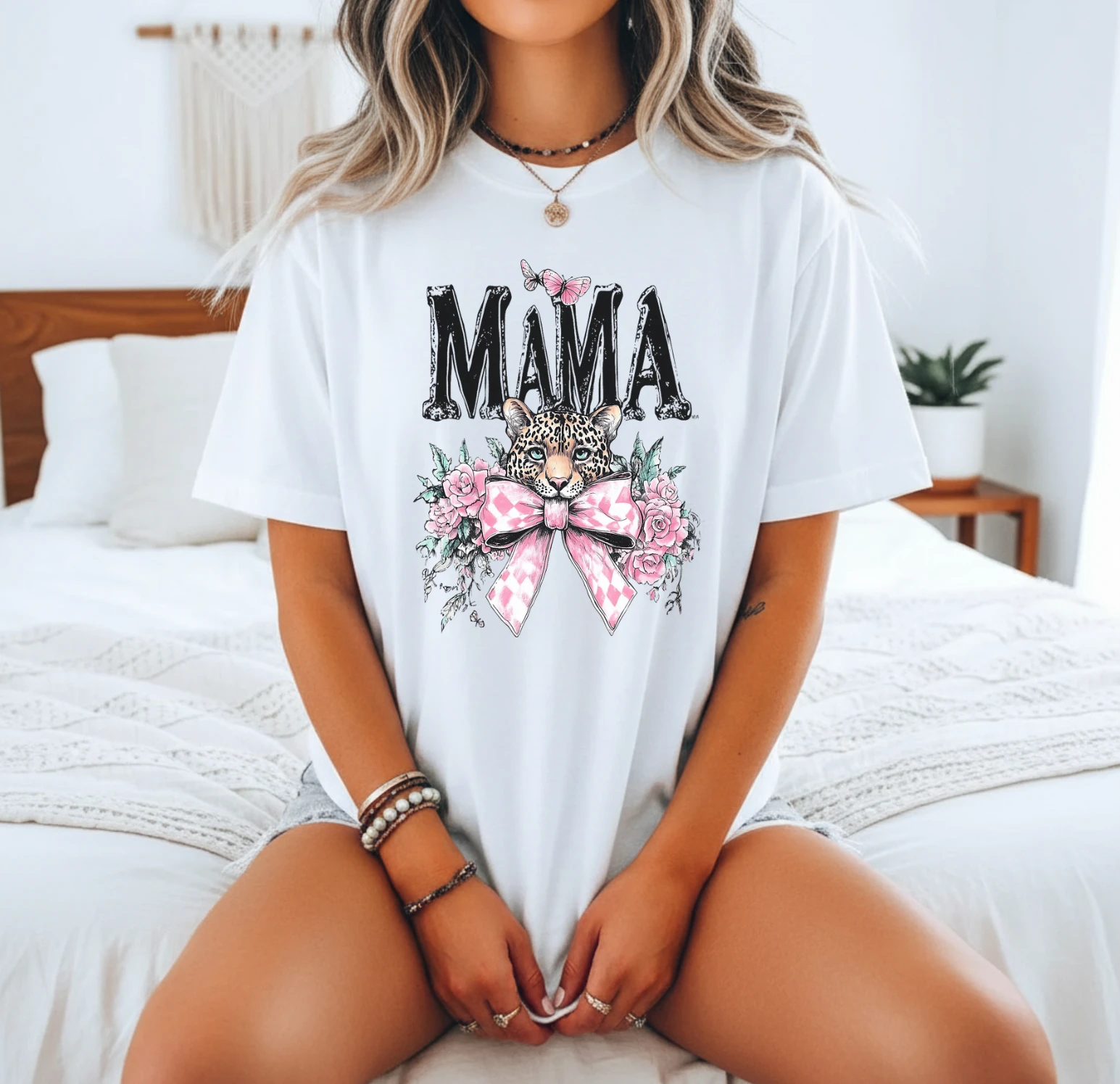 Mama Leopard Tee (Pink Bow + Floral Leopard Graphic) – White Short Sleeve by A&H Creative Co.