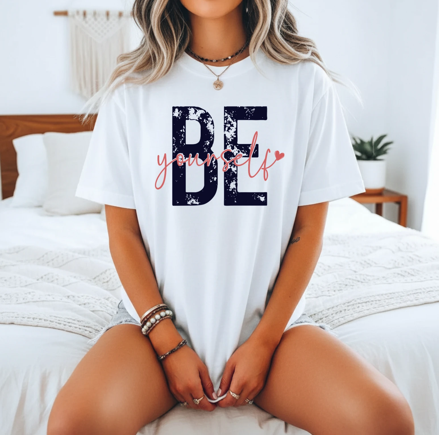 Be Yourself Tee (Bold “BE” + Script Overlay) – White Short Sleeve by A&H Creative Co.