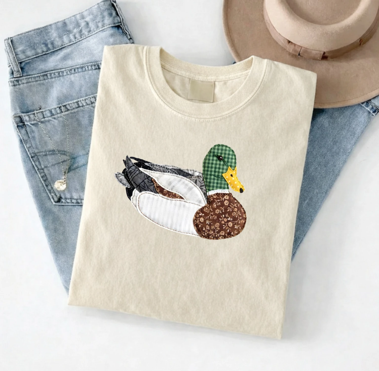 Mallard Duck Tee (Vintage Patchwork Look) – Neutral Short Sleeve by A&H Creative Co.