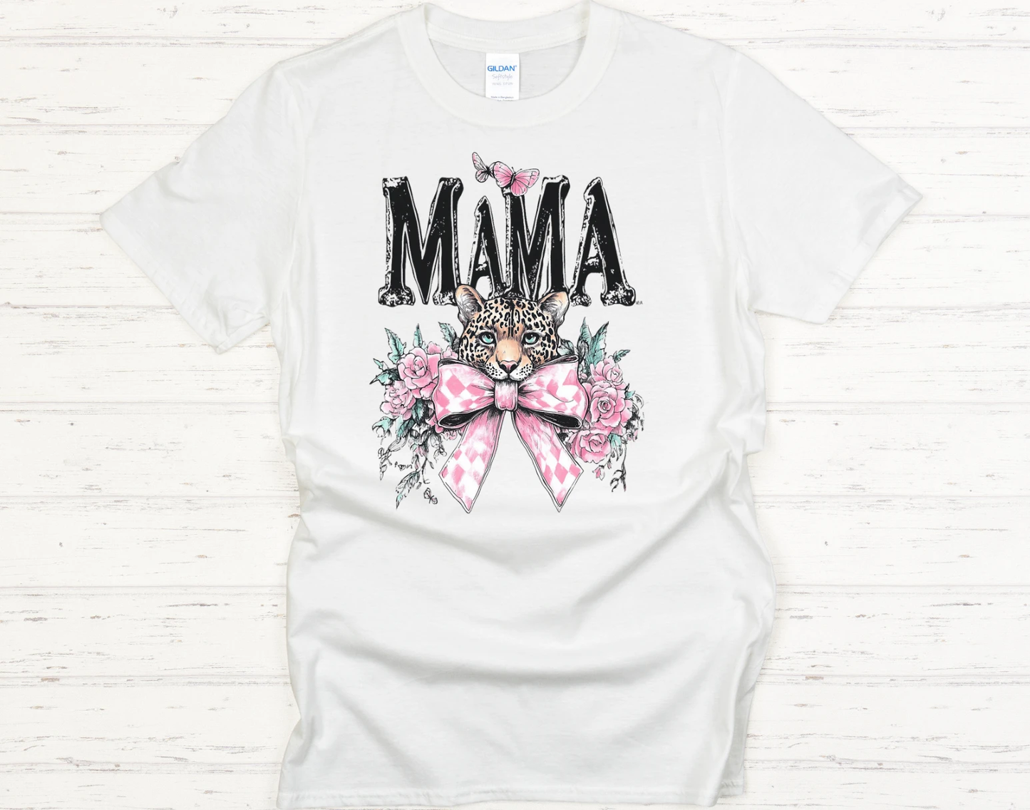 Mama Leopard Tee (Pink Bow + Floral Leopard Graphic) – White Short Sleeve by A&H Creative Co.