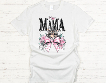 Mama Leopard Tee (Pink Bow + Floral Leopard Graphic) – White Short Sleeve by A&H Creative Co.