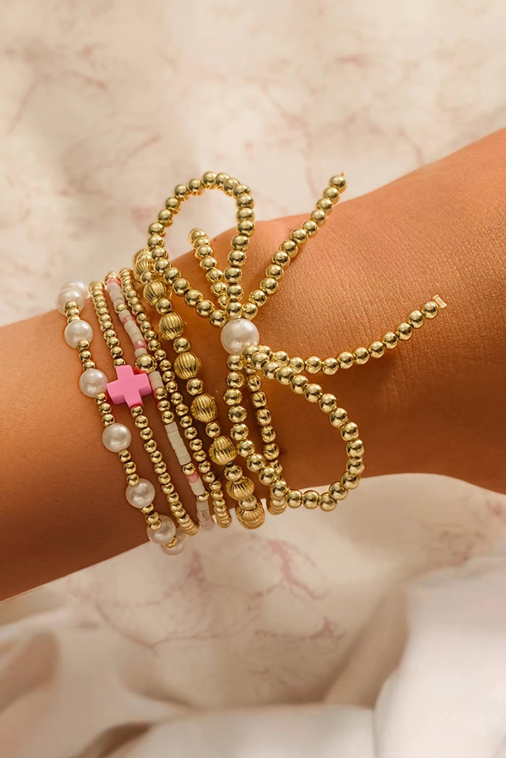 LDC Bow Knot Pearl Decor Beaded Plated Layered Bracelet: Gold by Little Daisy Closet