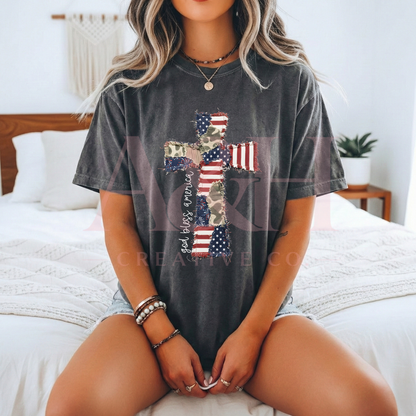 God Bless America Patchwork Cross Tee | Patriotic Camo Flag Shirt