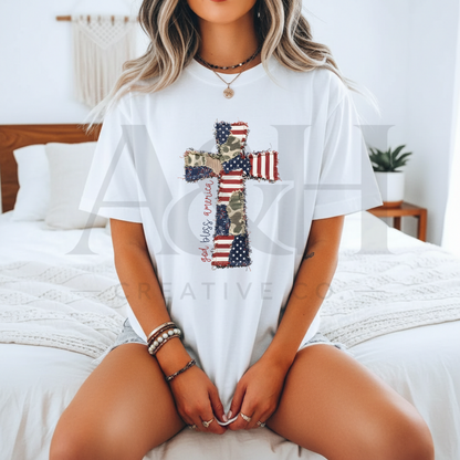 God Bless America Patchwork Cross Tee | Patriotic Camo Flag Shirt