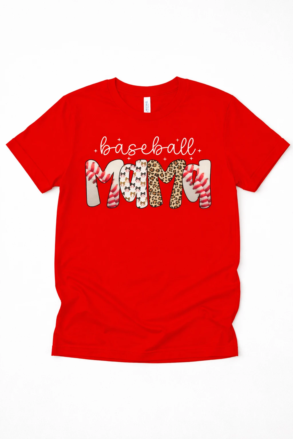 Baseball Mom Tee (Mixed Print Letters + Leopard Accent) – Red Short Sleeve by A&H Creative Co.