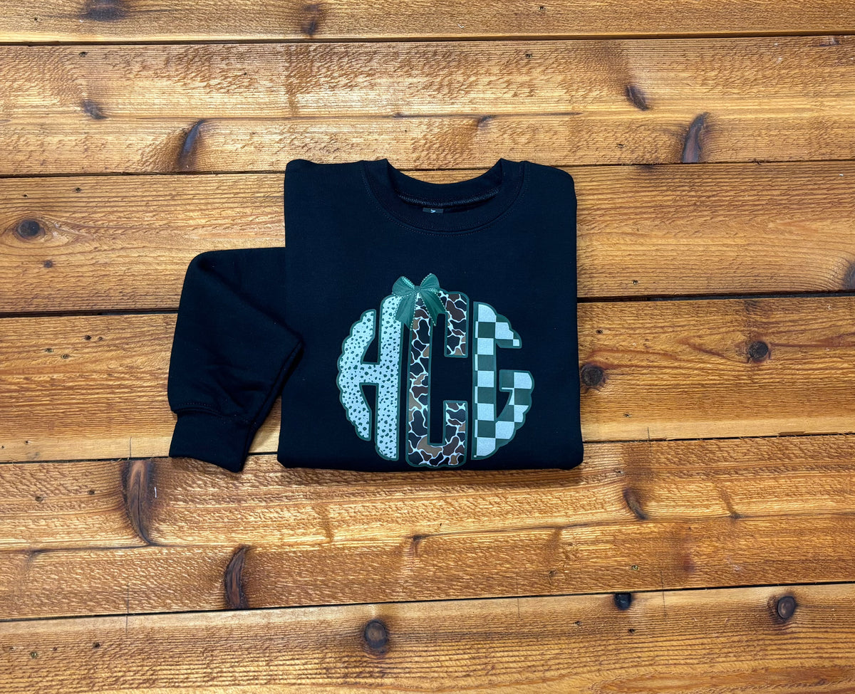 Custom Camo Monogram Tee & Sweatshirt | Coquette Bow Initials