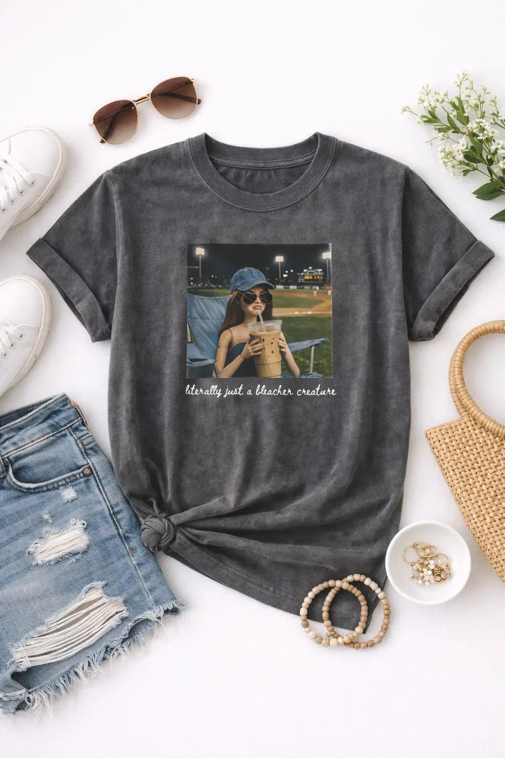 Literally Just a Bleacher Creature Tee (Baseball Mom Game Day Graphic) – Charcoal by A&H Creative Co.