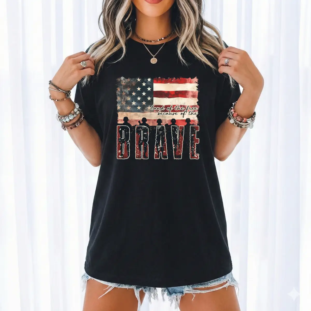 Land of the Free Because of the Brave Tee (Patriotic Flag Graphic) – Black Short Sleeve by A&H Creative Co.