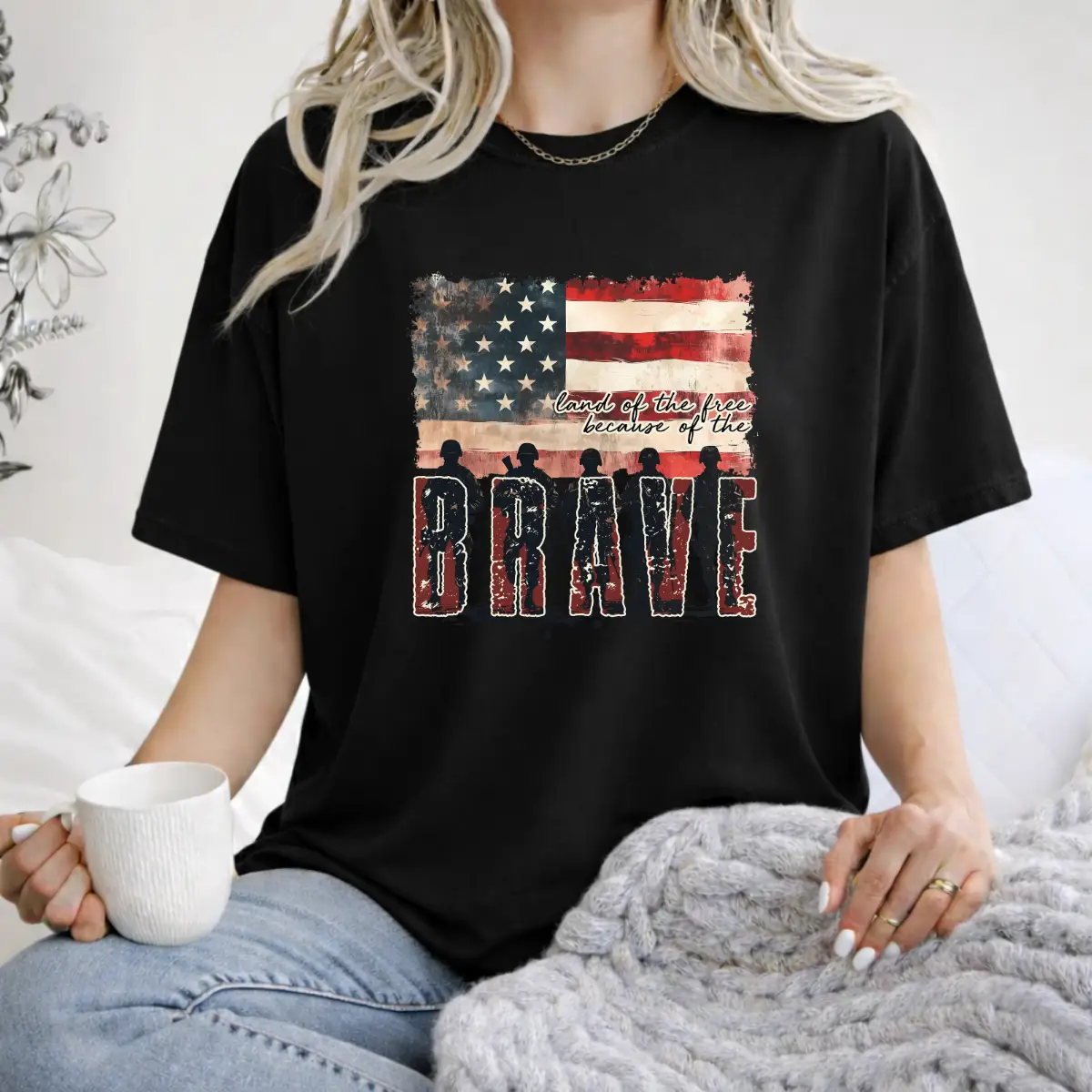 Land of the Free Because of the Brave Tee (Patriotic Flag Graphic) – Black Short Sleeve by A&H Creative Co.
