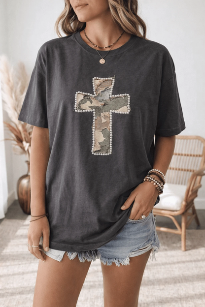 Camo Cross Tee (Pearl-Trim Appliqué Look) by A&H Creative Co.