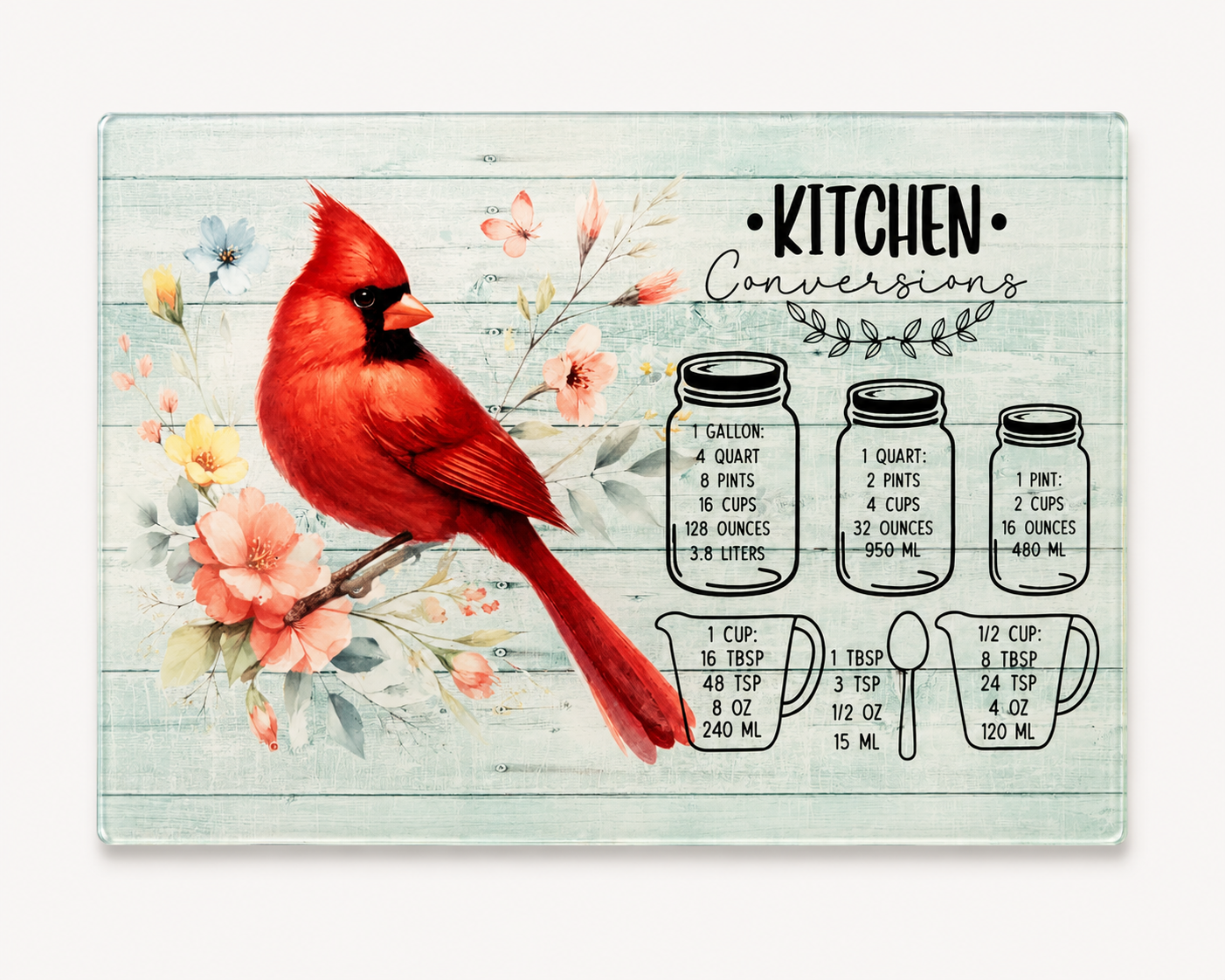 Cardinal Kitchen Conversion Glass Cutting Board | Floral Measuring Chart