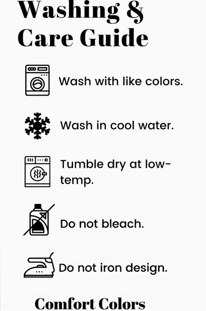 A woman wearing a dark charcoal gray Comfort Colors t-shirt is shown on the left, while the right side features a white panel titled 'Washing & Care Guide' with icons and text for washing, drying, bleaching, and ironing instructions.