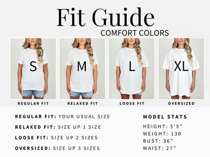 A fit guide infographic for Comfort Colors t-shirts, showing four models wearing size S, M, L, and XL white t-shirts with black letter overlays, alongside fit descriptions and model statistics on a light gray background.