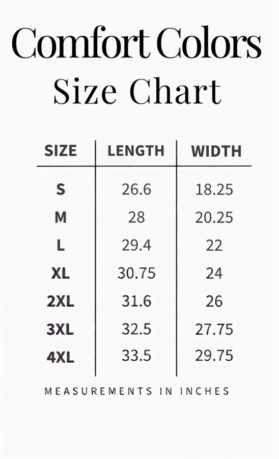 A size chart graphic for Comfort Colors t-shirts, featuring a woman wearing a white t-shirt with dashed measurement lines indicating width and length, alongside a size table listing measurements from S to 4XL in inches.