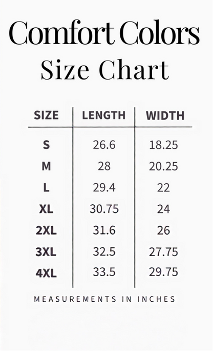 A size chart graphic for Comfort Colors t-shirts, featuring a woman wearing a white t-shirt with dashed measurement lines indicating width and length, alongside a size table listing measurements from S to 4XL in inches.
