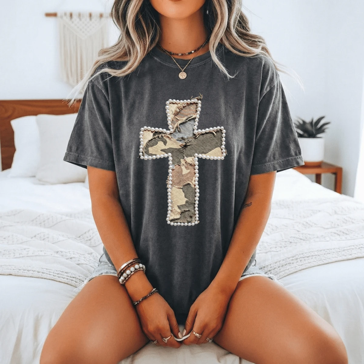 Camo Cross Tee (Pearl-Trim Appliqué Look) by A&H Creative Co.