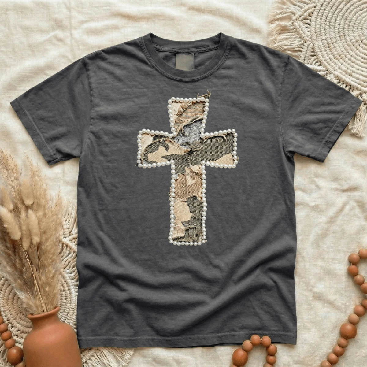 Camo Cross Tee (Pearl-Trim Appliqué Look) by A&H Creative Co.