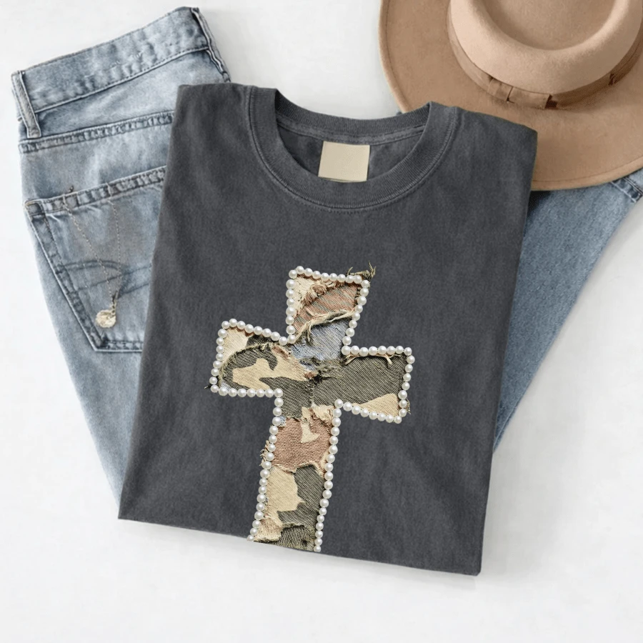 Camo Cross Tee (Pearl-Trim Appliqué Look) by A&H Creative Co.