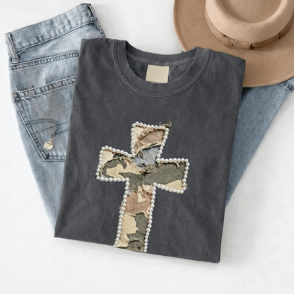 Camo Cross Tee (Pearl-Trim Appliqué Look) by A&H Creative Co.