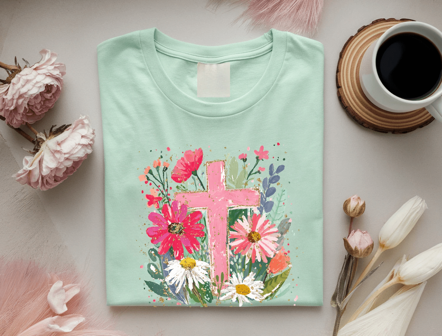 Floral Cross Tee (Pink Cross + Wildflower Bouquet Graphic) - A&H Creative Co.