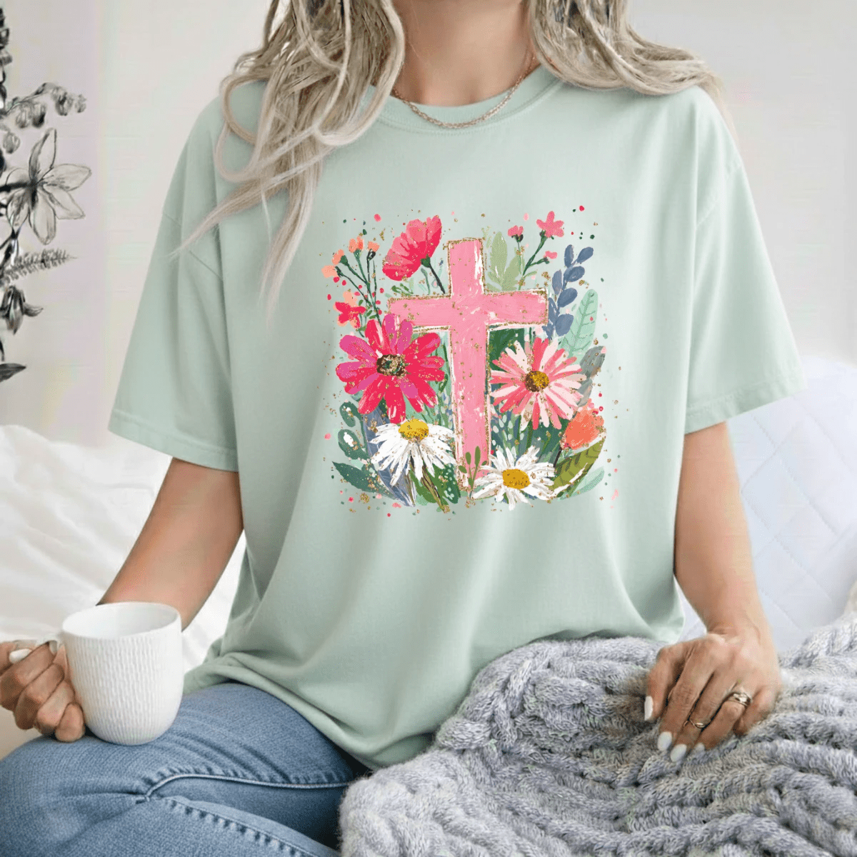Floral Cross Tee (Pink Cross + Wildflower Bouquet Graphic) - A&H Creative Co.