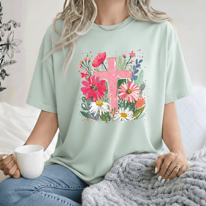 Floral Cross Tee (Pink Cross + Wildflower Bouquet Graphic) - A&H Creative Co.