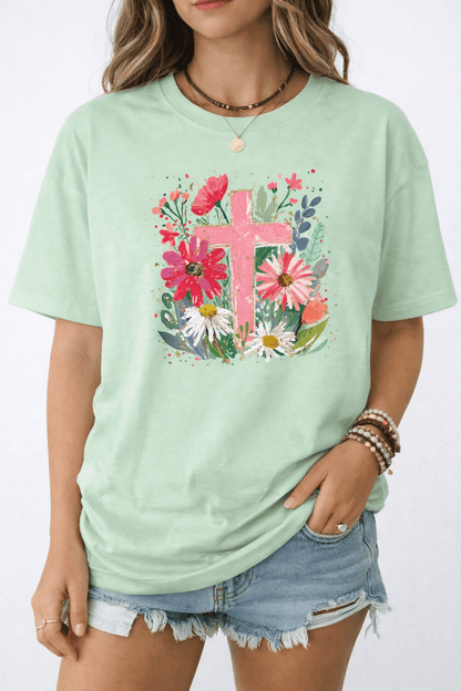 Floral Cross Tee (Pink Cross + Wildflower Bouquet Graphic) - A&H Creative Co.