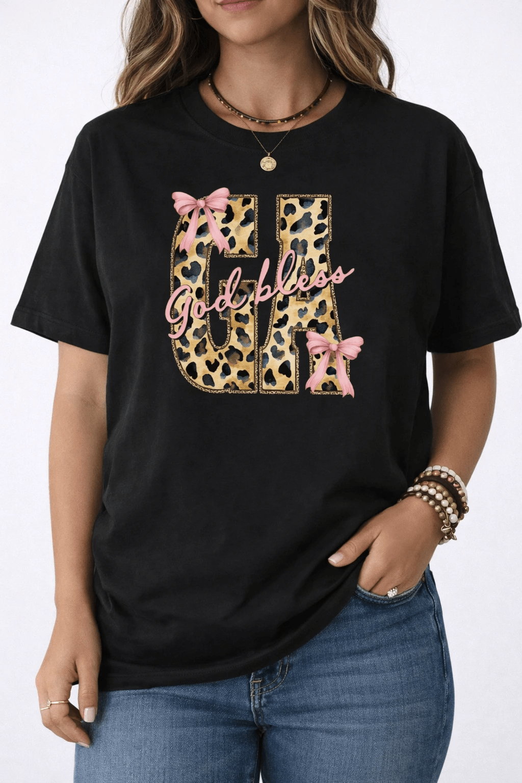 God Bless GA Tee (Leopard Georgia + Pink Bow Graphic) - A&H Creative Co.