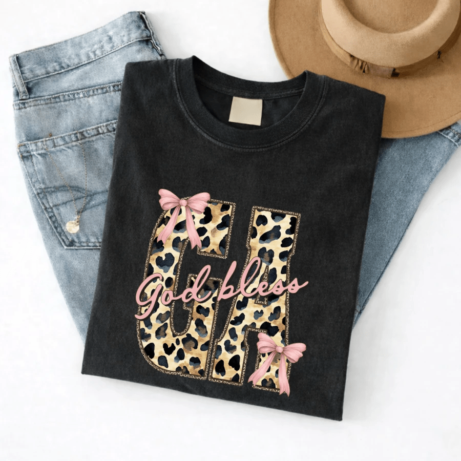 God Bless GA Tee (Leopard Georgia + Pink Bow Graphic) - A&H Creative Co.