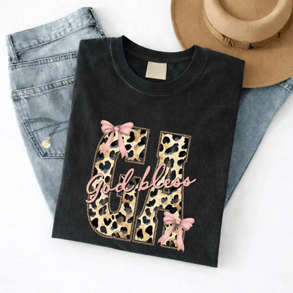 God Bless GA Tee (Leopard Georgia + Pink Bow Graphic) - A&H Creative Co.