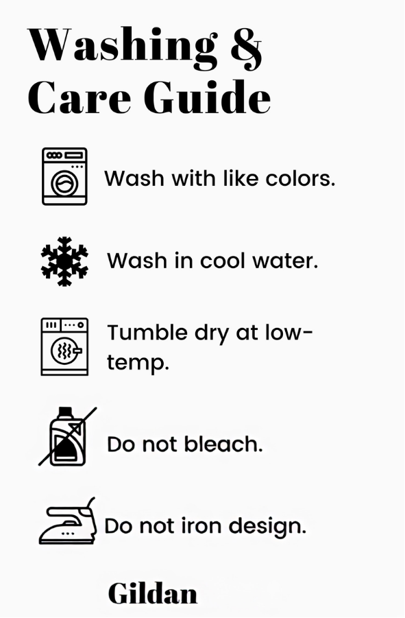 A woman wearing a white short-sleeve crewneck t-shirt and light blue jeans stands next to a 'Washing & Care Guide' infographic on a white background. The guide lists care instructions with icons and the brand name 'Gildan' at the bottom.