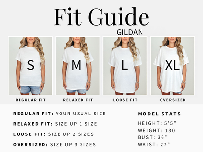 A fit guide infographic for Gildan t-shirts showing four size options (S, M, L, XL) with model photos and sizing instructions on a light gray background.