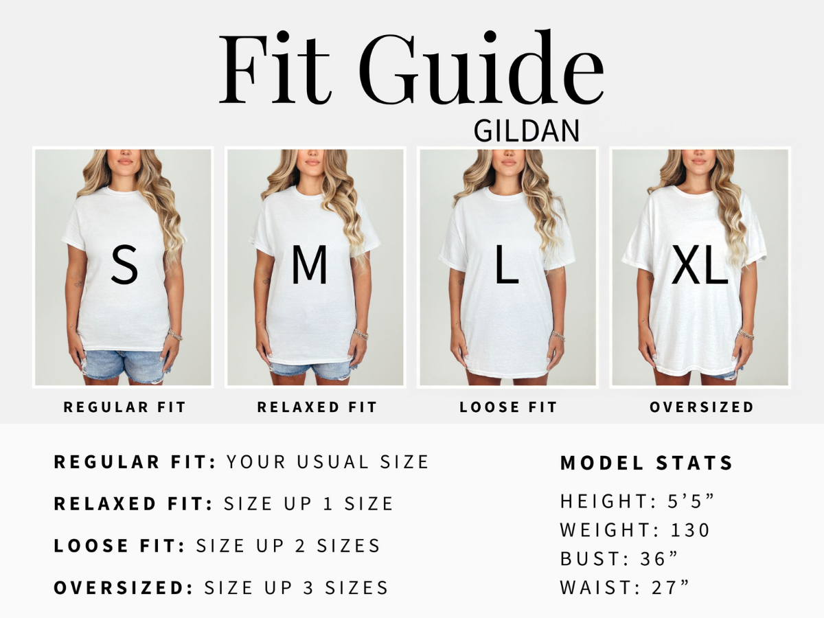 A fit guide infographic for Gildan t-shirts showing four size options (S, M, L, XL) with model photos and sizing instructions on a light gray background.