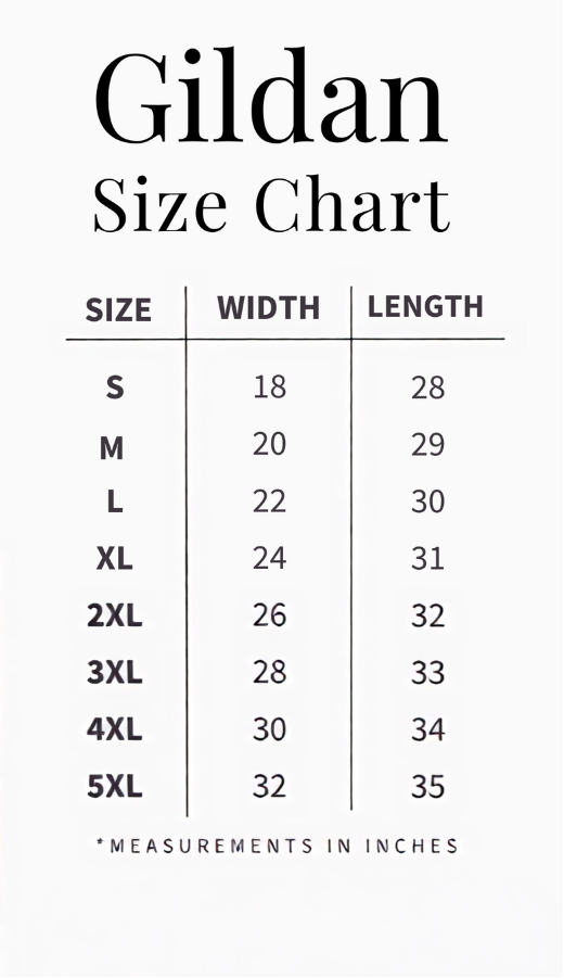 A size chart graphic for Gildan t-shirts showing a model wearing a white shirt with dashed measurement lines indicating width and length, alongside a size table from S to 5XL with measurements in inches.